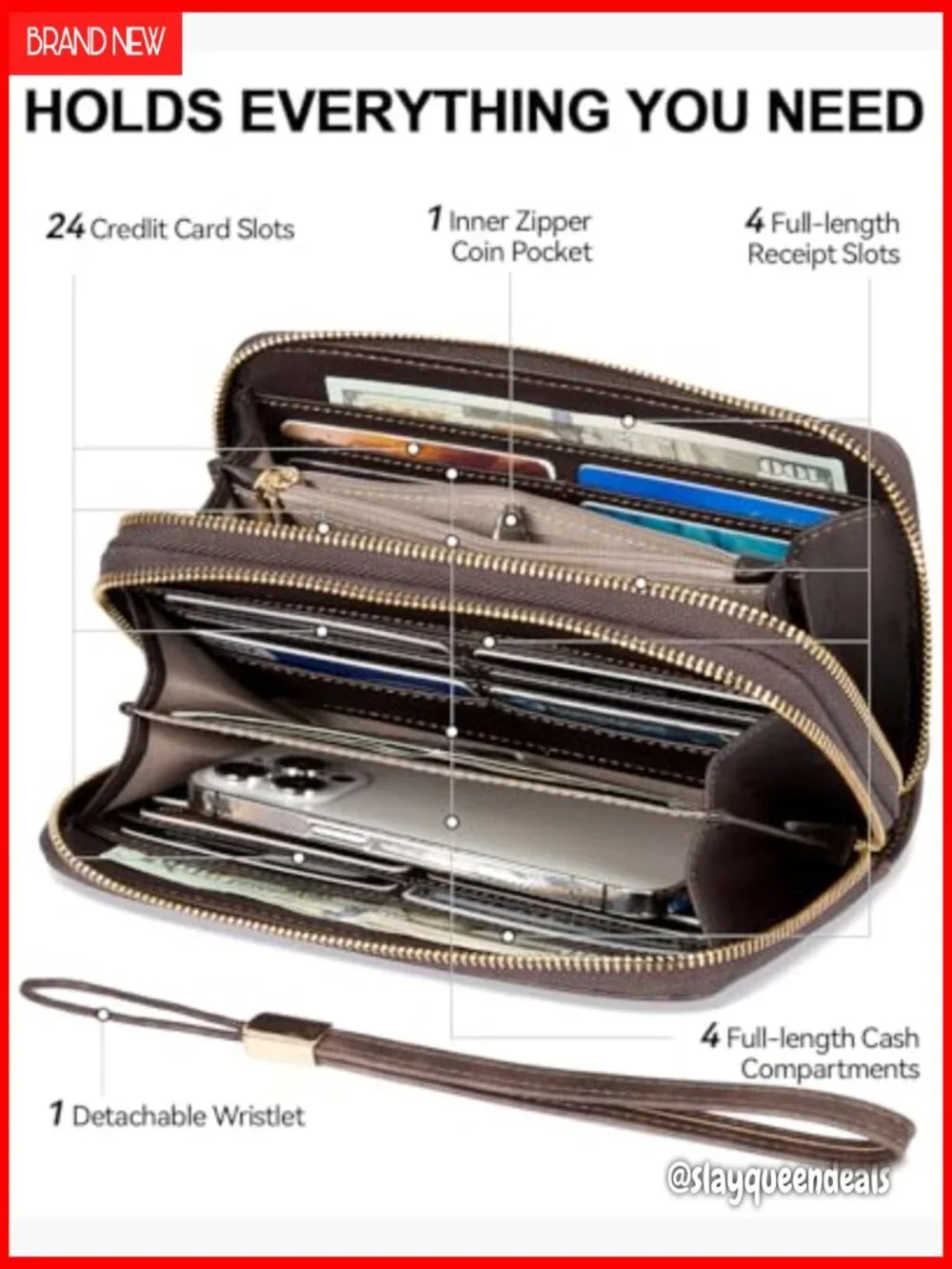 Large Capacity Leather RFID Wristlet Wallet with Double Zipper